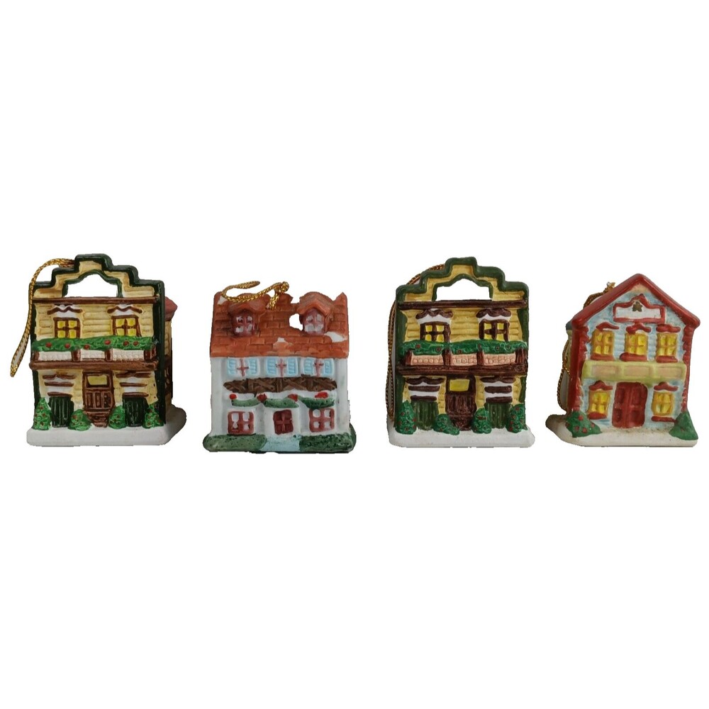 Ceramic Houses Set of 4 Christmas Ornaments Holiday Tree Decorations Figurines
